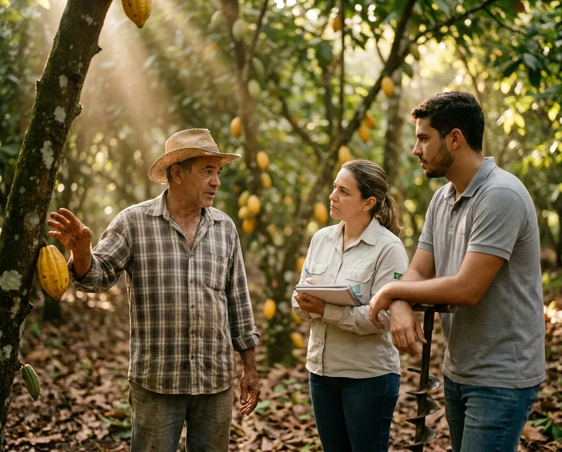 Produtor baiano em conversa com agrônoma da CEPLAC e técnico de campo, em meio à plantação de cacau em cabruca, com god-rays atravessando o canopy